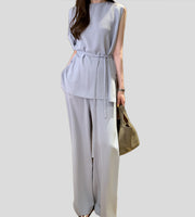 matching outfit set coordinates top sleeveless long wide leg pants elastic side pockets black blue khaki beige sophisticated set korean style clothing for women sets coords