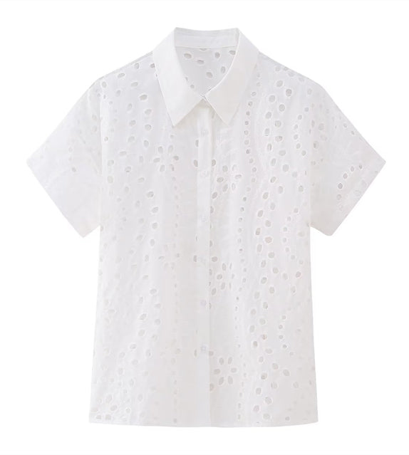 eyelet top white button down shirt polo top short sleeves collar summer wear casual everyday outfit trendy cute zara paisley cotton polyester 