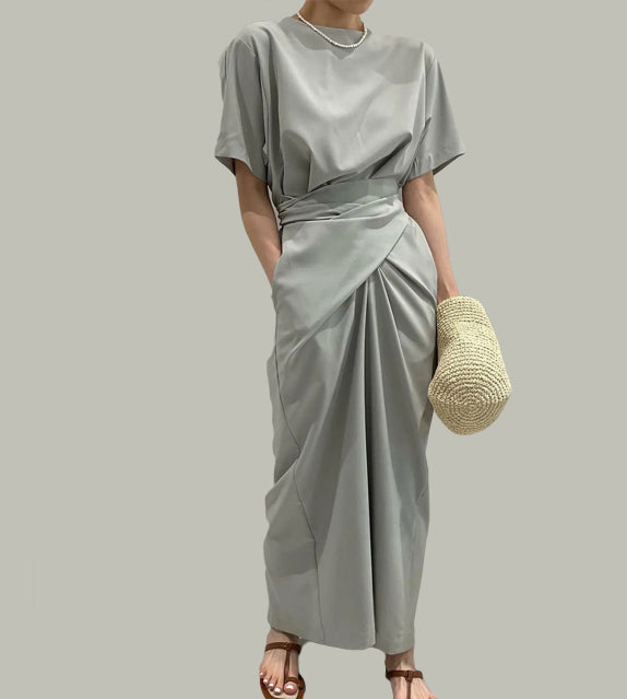 korean style clothing for women wrap around dress short sleeves khaki beige grey gray black everyday casual wear outfits must have cute basic wear styles trending outfits 