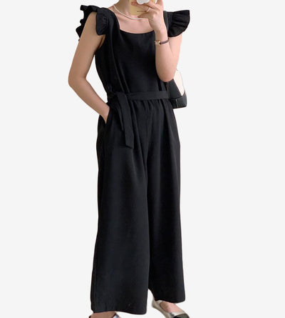 rose madder color jumpsuit khaki black ruffle sleeved sleeveless korean style clothing for women high waist pockets 