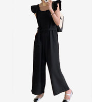 rose madder color jumpsuit khaki black ruffle sleeved sleeveless korean style clothing for women high waist pockets 