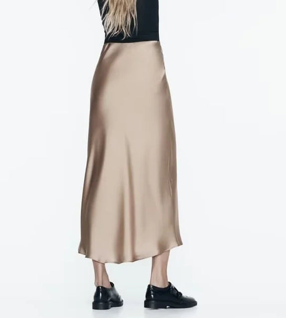 coffee khaki beige white green black elastic waist gartered maxi skirt long satin everyday wear must have trending cute sexy skirts love outfits looks trending zara outfit ankle length 