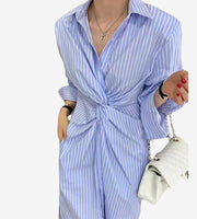 pinstripe stripes button down polo dress wrap style korean dress for women long sleeves blue polo shirt 