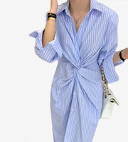 pinstripe stripes button down polo dress wrap style korean dress for women long sleeves blue polo shirt 