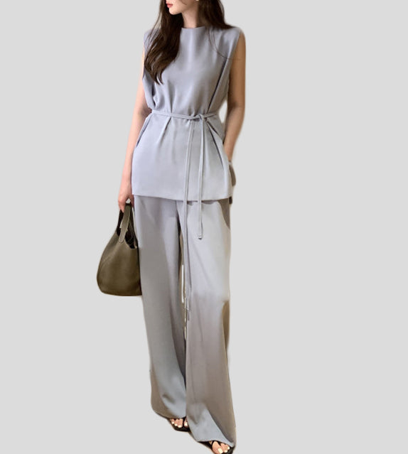 matching outfit set coordinates top sleeveless long wide leg pants elastic side pockets black blue khaki beige sophisticated set korean style clothing for women sets coords
