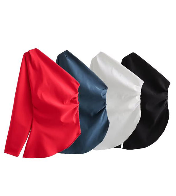 red blue white black one shoulder pleated top sexy cute zara long sleeves summer outfit wear elegant casual elevated streetstyle 
