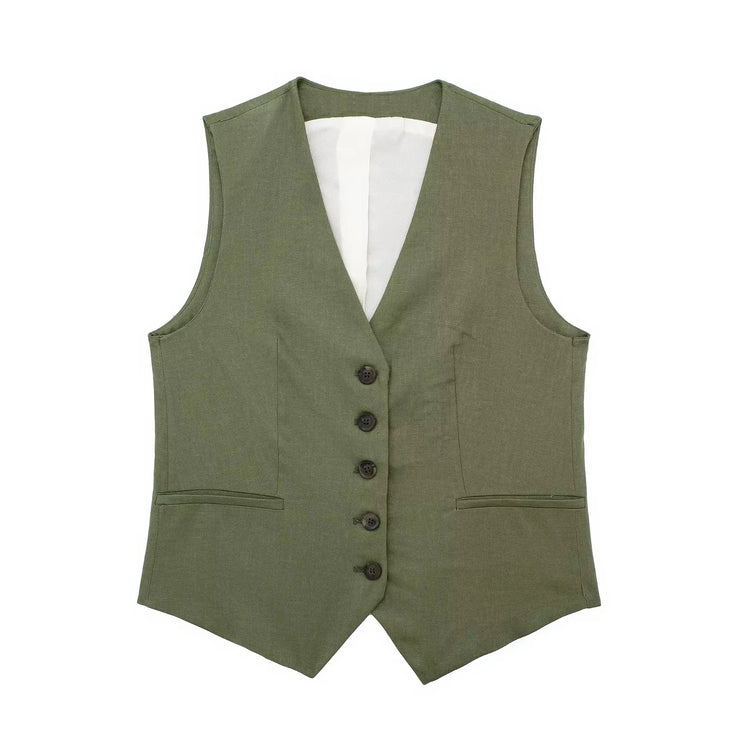 waistcoat vest set short matching coordinates zara style casual wear summer fashion sleeveless khaki army green black button down pockets casual looks outfit 