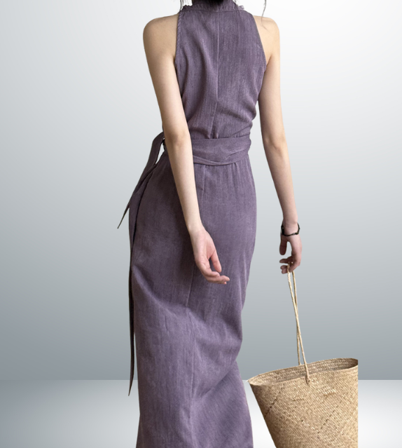 wrap around halter green purple violet korean style clothing long maxi dress sleeveless linen classic sophisticated zara uniqlo mango fashion streetwear 