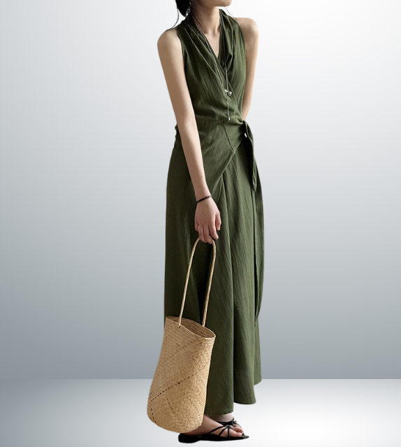 wrap around halter green purple violet korean style clothing long maxi dress sleeveless linen classic sophisticated zara uniqlo mango fashion streetwear 