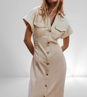 button down shirt polo dress denim beige short sleeves fashion style streetstyle everyday casual outfit women's clothing long maxi zara mango uniqlo classic wear utility pockets 