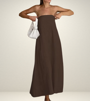 black strapless tube dress blue beige linen brown summer wear fashion style streetstyle outfit ootd side pockets long maxi everyday casual outfit shein zara mango uniqlo women's clothing online shopping 