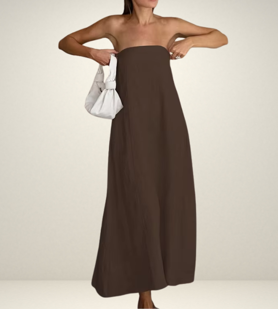 black strapless tube dress blue beige linen brown summer wear fashion style streetstyle outfit ootd side pockets long maxi everyday casual outfit shein zara mango uniqlo women's clothing online shopping 