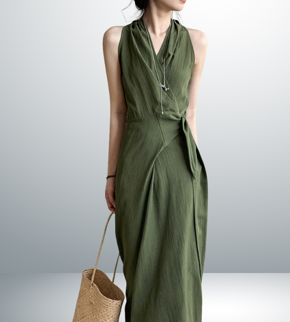 wrap around halter green purple violet korean style clothing long maxi dress sleeveless linen classic sophisticated zara uniqlo mango fashion streetwear 