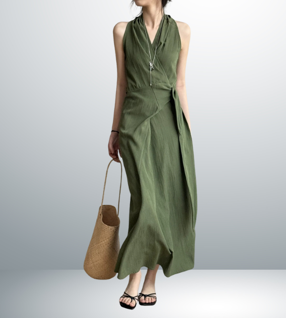 wrap around halter green purple violet korean style clothing long maxi dress sleeveless linen classic sophisticated zara uniqlo mango fashion streetwear 