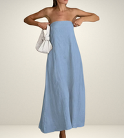 black strapless tube dress blue beige linen brown summer wear fashion style streetstyle outfit ootd side pockets long maxi everyday casual outfit shein zara mango uniqlo women's clothing online shopping 