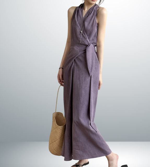 wrap around halter green purple violet korean style clothing long maxi dress sleeveless linen classic sophisticated zara uniqlo mango fashion streetwear 