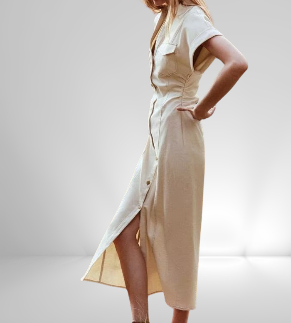 button down shirt polo dress denim beige short sleeves fashion style streetstyle everyday casual outfit women's clothing long maxi zara mango uniqlo classic wear utility pockets 