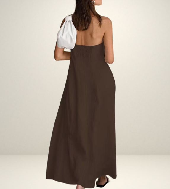 black strapless tube dress blue beige linen brown summer wear fashion style streetstyle outfit ootd side pockets long maxi everyday casual outfit shein zara mango uniqlo women's clothing online shopping 