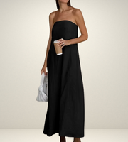 black strapless tube dress blue beige linen brown summer wear fashion style streetstyle outfit ootd side pockets long maxi everyday casual outfit shein zara mango uniqlo women's clothing online shopping 