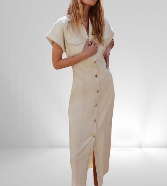 button down shirt polo dress denim beige short sleeves fashion style streetstyle everyday casual outfit women's clothing long maxi zara mango uniqlo classic wear utility pockets 