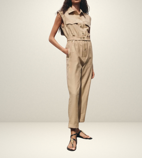 khaki women wearing a jumpsuit with side pockets uniqlo zara mango style online shopping sleeveless cargo utility wear cuff sleeves short belted waist gartered button down polo shirt everyday casual style classic wear ootd outfit must have trending 