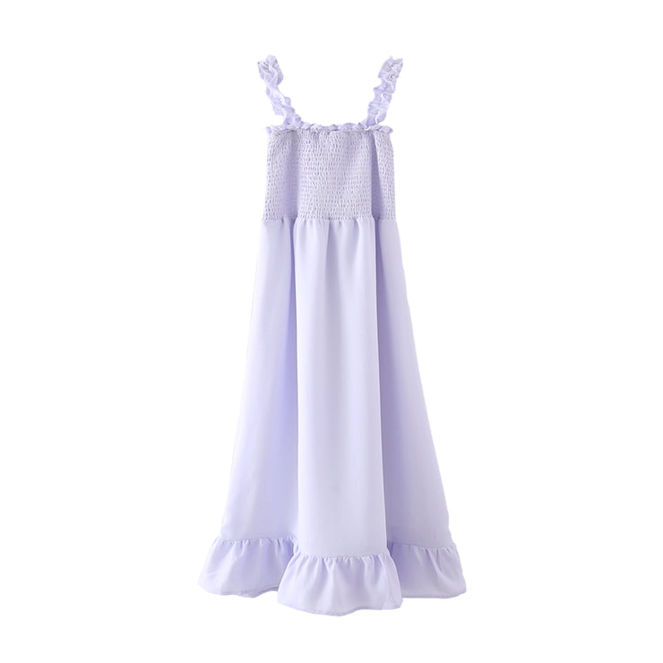 Lavender Purple Smocked Dress Tiered Hem Ruffle Shoulder Women's clothing fashion midi length Pastel color  gartered sleeveless summer casual outfit