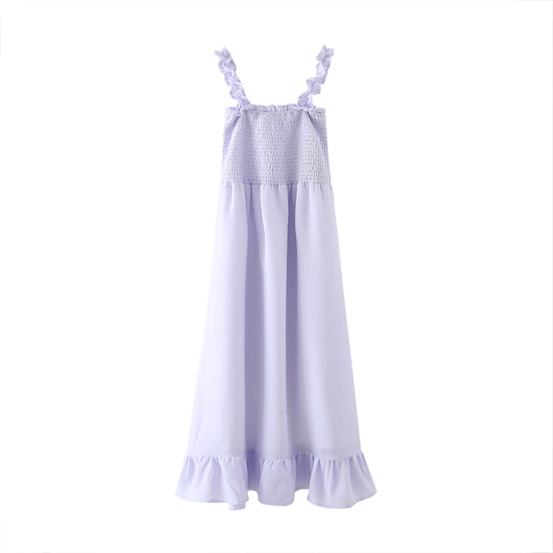 Lavender Purple Smocked Dress Tiered Hem Ruffle Shoulder Women's clothing fashion midi length Pastel color  gartered sleeveless summer casual outfit