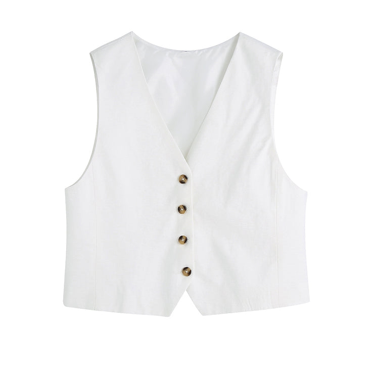 vest linen woven top set white zara v neck button down