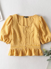 Lucy Gingham Plaid Puff Sleeves Top
