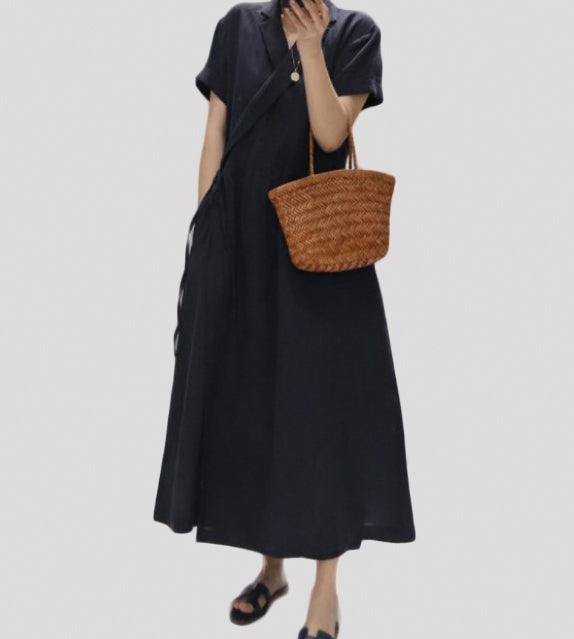 khaki navy blue cotton linen korean dress for women style outfit ootd  short sleeves fashion streetstyle outfit basic minamalist everyday wear soft high quality 