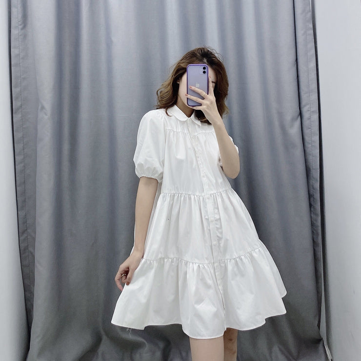 women's clothing korean dresses baby doll dress black white knee length short sleeves dress button down