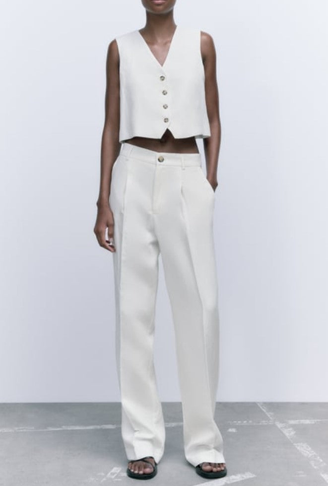 zara white top vest pants outfit set terno sleeveless button down love fashion combination fashion streetstyle outfit 