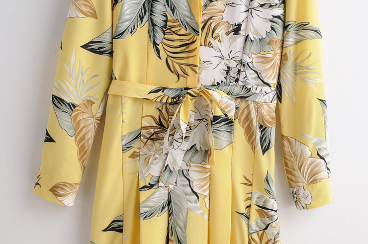 Floral Print Button Down Wrap Around Dress Long Maxi Long Sleeves Summer Casual Women's clothing dresses for women Summer Yellow Print 