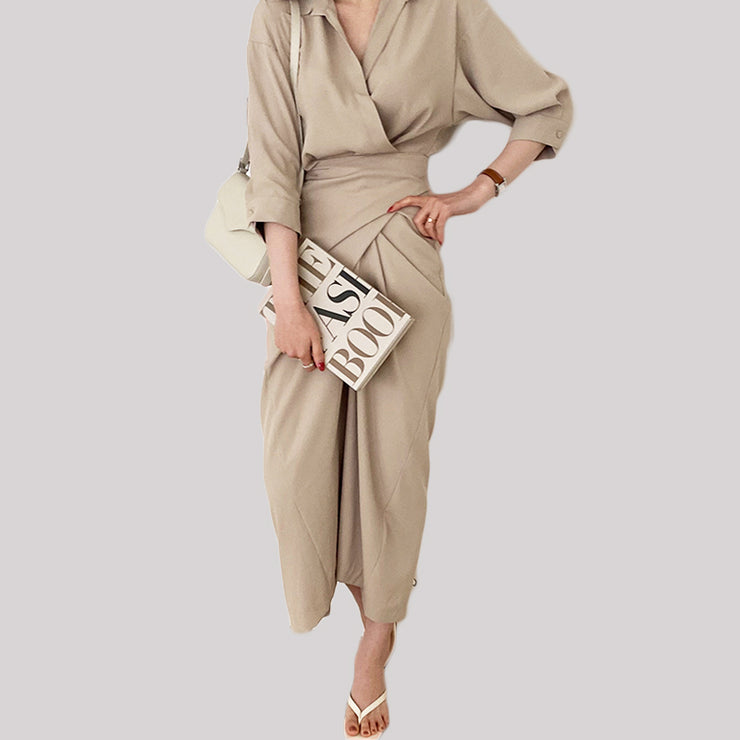 women's clothing dress long wrap around maxi minimalist style korean outffits  casual basic nude khaki tan  