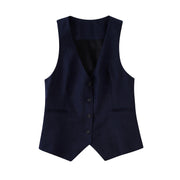 vest linen woven top set navy blue zara v neck button down
