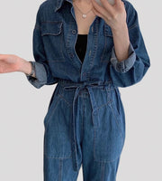 Button down denim jumpsuit belted high waist pockets korean style outfits ootd asian style long sleeves collar