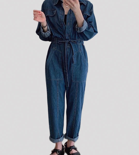 Button down denim jumpsuit belted high waist pockets korean style outfits ootd asian style long sleeves collar casual everyday look fashion sunday best 