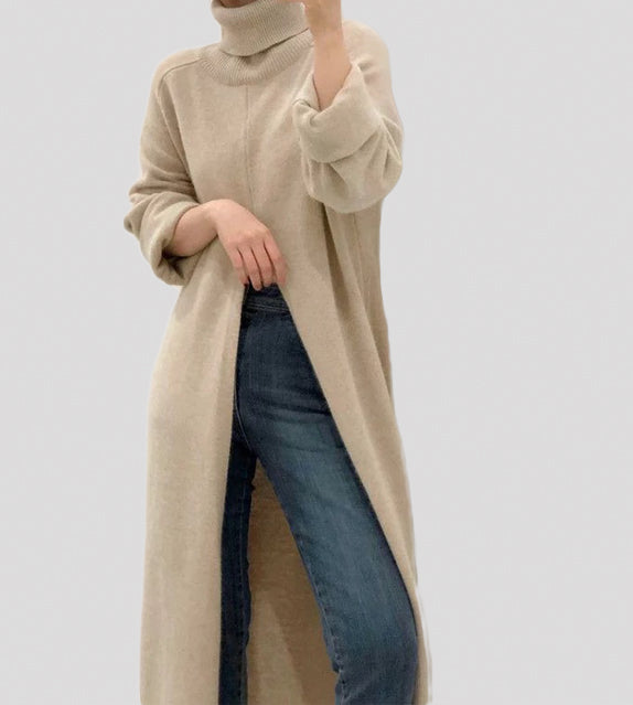 Black turtle neck pullover sweater khaki apricot long slit long sleeves casual chic autumn fall wear winter wear cold days outfit weather long jacket knitted