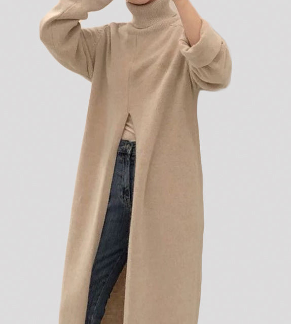 Black turtle neck pullover sweater khaki apricot long slit long sleeves casual chic autumn fall wear winter wear cold days outfit weather long jacket knitted