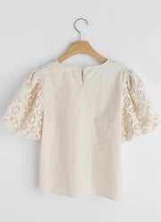 lace white khaki beige top puff sleeves korean style clothing for women short sleeves everyday basic wear laces cute