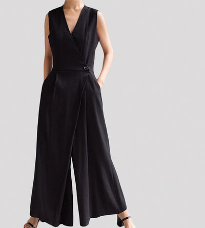 black jumpsuit korean style clothing outfit ootd wide leg loose fit sleeveless polyester cotton asymmetric free size pants sleeveless trending fashion high selling 
