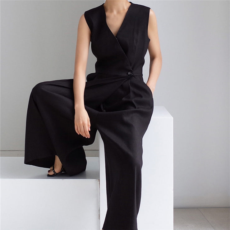 black jumpsuit korean style clothing outfit ootd wide leg loose fit sleeveless polyester cotton asymmetic  pockets side pocket