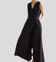 black jumpsuit korean style clothing outfit ootd wide leg loose fit sleeveless polyester cotton asymmetic pockets side pocket