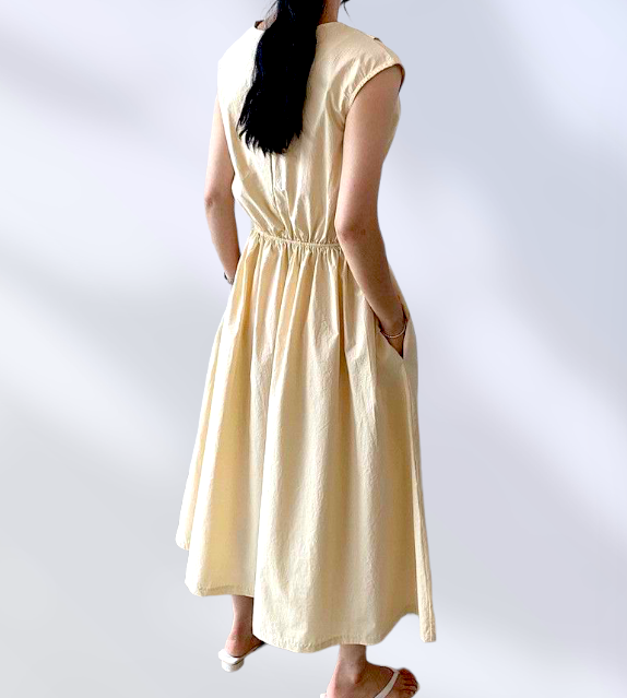 korean dress for women sunday smart casual long midi simple below the knee  v neck cotton polyester free size cute sexy apricot yellow beige