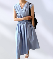korean dress for women sunday smart casual long midi simple below the knee blue light blue v neck cotton polyester free size cute sexy