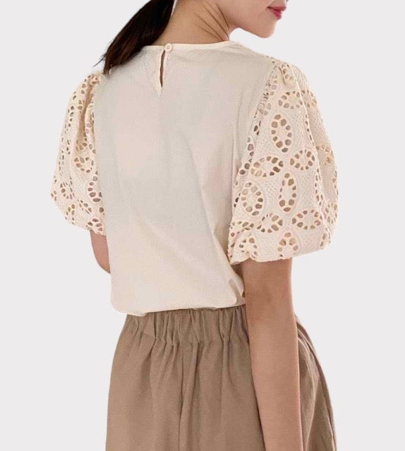 lace white khaki beige top puff sleeves korean style clothing for women short sleeves everyday basic wear laces cute