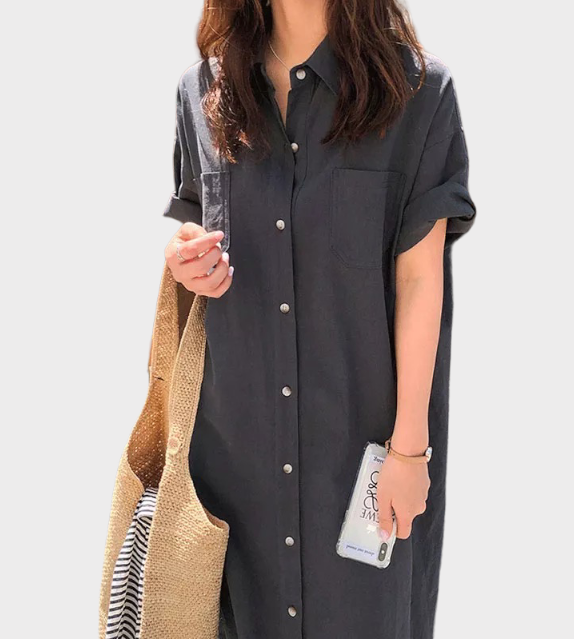 korean clothing dress for women linen cotton polyester material dark gray grey long maxi dress casual everyday wear saturday sunday dress basics must have trending polo shirt dress button down 