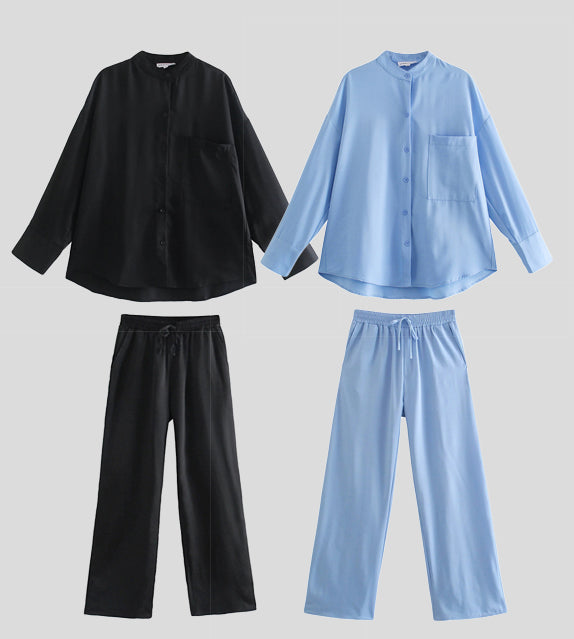 black blue zara style outfit ootd button down polo shirt drawstring pant set coordinates fashion style streetstyle zara outfits style must have trending 2 piece two matching sets