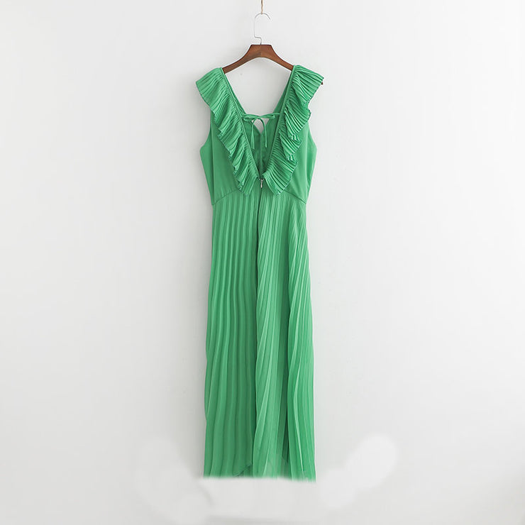 Zara like pleat ruffle dress sexy backless green holiday casual chiffon sleeveless