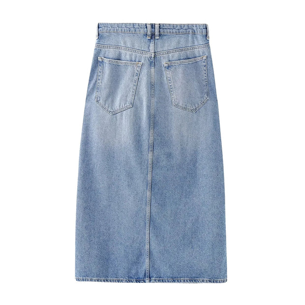 denim slit skirt maxi long zara high waist mid waist denim styles outfits shop pockets side back front slit 